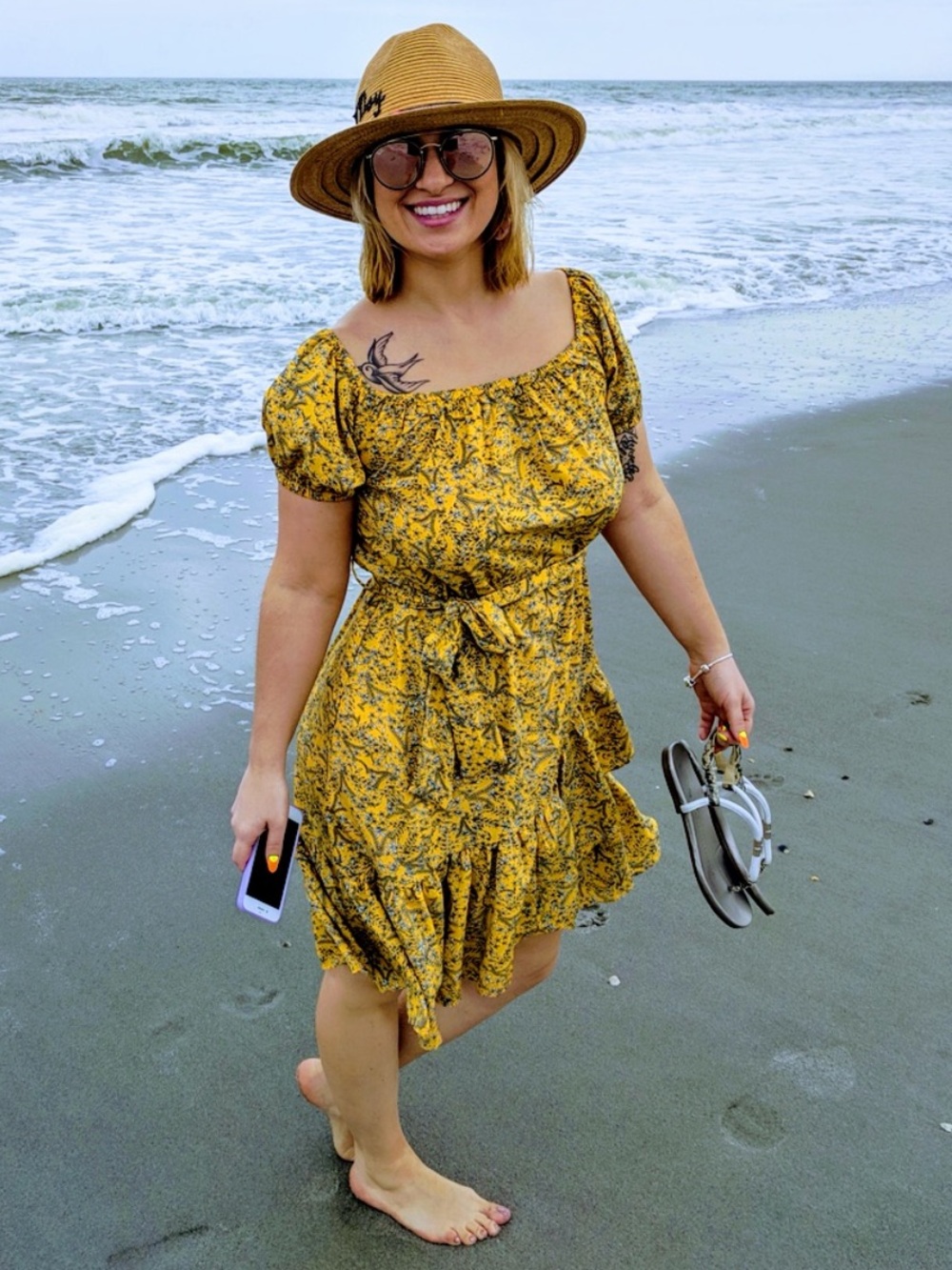 H&M Yellow Floral Off-Shoulder Tie-Waist Ruffle Dress